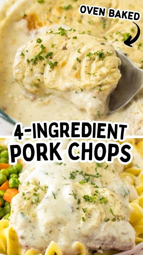 These 4 Ingredient Oven Baked Pork Chops come together quickly, smothered in a creamy mushroom-ranch sauce that's pure deliciousness over mashed potatoes or rice. It's a fast, flavor-packed meal for busy weeknights that your family will ask for again and again. Pork Chops With Bread Crumbs, Pork Chops Quick, Baked Boneless Pork Chop Recipes, Marinade Pork, Baked Boneless Pork Chops, Oven Baked Pork Chops, Oven Pork Chops, Pork Chops And Rice, Easy Baked Pork Chops