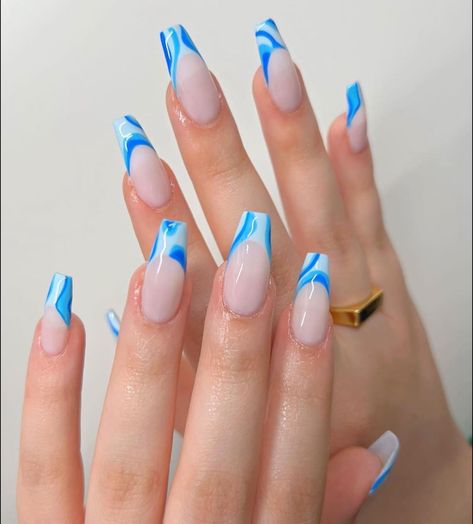 Summer Nail Designs Blue, Nails 2022 Classy, Blue Nails Ocean, Unique French Tip Nails, Nail Designs Beach, French Tip Nails Trendy, Classy Summer Nails, France Nails, Beach Nails Vacation