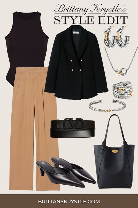 This curated black and tan capsule workwear edit includes chic wearable pieces and accessories from Skims, Everlane, Mango, David Yurman, Valentino, Toteme, and more to create a timeless, polished look. Classy work outfits. Fall work outfits for women 2023. Work outfits women office professional. Capsule Workwear, Classy Parisian Style, Work Capsule Wardrobe, Outfit Edit, Tan Outfit, Workwear Capsule Wardrobe, Parisian Outfit, Parisian Outfits, Workwear Capsule