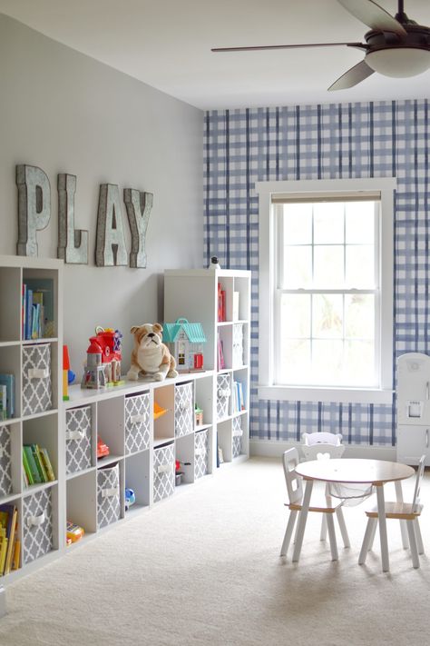 Potterybarn Kids Playroom, Kids Toy Rooms, Kids Play Basement, Playroom With Storage, Playroom Design Modern, Bedroom Turned Playroom, Kids Room With Play Area, Playroom In Basement, Kids Playroom Storage Ideas