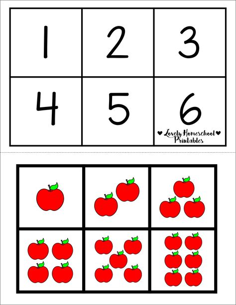 "Instant Download Preschool Counting and Number Matching Activity 1-6 Matching numerals and quantities is an essential skill for preschool!  NO PHYSICAL ITEM WILL BE MAILED. THIS IS A DIGITAL DOWNLOAD. Simply purchase, download, and print instantly from your home!   When you purchase, you will receive an email receipt from Etsy with a link to download your printable. You can also download your files from the \"Purchase and Reviews\" section of your Etsy profile.  You will receive a PDF file for printing on 8.5 x 11\" paper. Print on heavy cardstock and laminate for durability or print unlimited times for daily or weekly practice.  This download includes two options for printing: color or black and white (for children to color themselves).  Matching numerals and quantities is a foundational Prek Worksheets, Counting Activities Preschool, Preschool Newsletter, Preschool Counting, Preschool Workbooks, Kids Worksheets Preschool, Apple Theme, Numbers Preschool, Preschool Lesson Plans