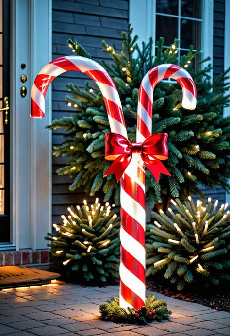 20 Best Candy Cane Decoration Ideas: Sweeten Your Holiday Decor » HomeDecorFull Front Door Candy Cane, Candy Cane Outside Decorations, Candy Cane Front Yard Decor, Candy Cane Christmas Theme Decorations, Candy Cane House Decorations Outdoor, Candy Cane Window Display, Candy Cane Decor Ideas, Diy Outdoor Candy Canes, Diy Large Candy Canes