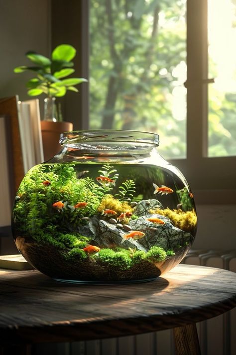 Guppy Fish Tank Ideas, Desk Aquarium, Aquarium Bowl, Fish Aquarium Ideas, Guppy Tank, Underwater Wonderland, Water Terrarium, Whimsical Decorations, Aquarium Inspiration