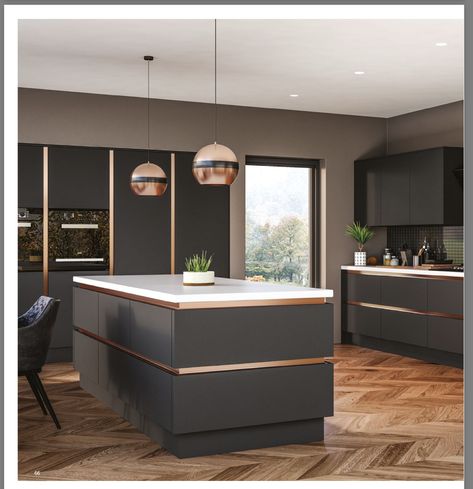 Graphite Kitchen Ideas, Modern Kitchen Design Luxury Black And Gold, Black And Gold Modern Kitchen, Graphite Kitchen Cabinets, Navy And Rose Gold Kitchen, Rose Gold Kitchen Cabinets, Rose Gold Kitchen Ideas, Black And Rose Gold Kitchen, Dream Kitchen Ideas Luxury Modern