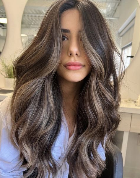 Light Brown Balayage For Fair Skin, Sandy Blonde On Dark Hair, Black Hair Beige Highlights, Highlights On Lighter Brown Hair, Long Blonde Balayage Hair Dark Roots, Brunette Hair Grey Highlights, Malaika Arora Hair Color, Balayage For Dark Brown Hair Fair Skin, Level 7 Hair Balayage