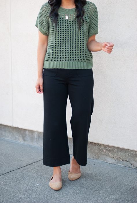 olive green short sleeve sweater top   black tank   black wide leg crop pants   gold earrings Wide Leg Crop Pants Outfit, Easy Work Outfits, Wide Pants Outfit, Cropped Pants Outfit, Nursing Friendly Outfits, Neutral Trousers, Simple Work Outfits, Basic White Tee, Olive Green Shorts