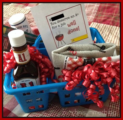 Teacher appreciation gift for MALE teachers. BBQ / Grill themed.    "You deserve an A+ for a job WELL DONE!" Male Teachers, Male Teacher Gifts, Teacher Treats, Job Well Done, Appreciation Ideas, Volunteer Appreciation, Male Teacher, Teachers Diy, Teachers Aide