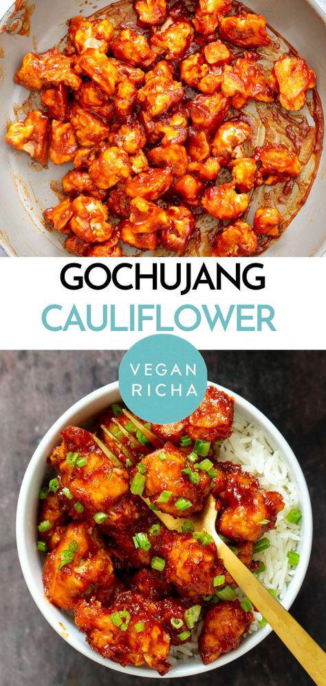 Sweet-spicy-crunchy Gochujang Cauliflower can be served as an appetizer or an entree! Gochujang Cauliflower Wings make a perfect game day snack, or serve over rice for a delicious, veggie dinner. Gojuchang Cauliflower, Gochujang Vegetables, Oh She Glows Recipes, Gochujang Cauliflower, Cauliflower Dinner, Gochujang Recipe, Serve Over Rice, Spicy Cauliflower, Cauliflower Wings