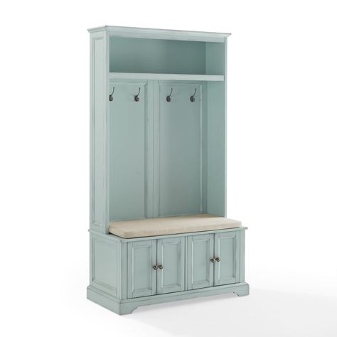 Buy Crosley Furniture Holbrook Traditional Wood Hall Tree in Blue/Oatmeal at Walmart.com Hall Tree Storage Bench, Shoe Rack Bench, Seafoam Blue, American Signature Furniture, Hall Tree, Blue Wood, Entryway Furniture, Hanging Storage, Bench Cushions