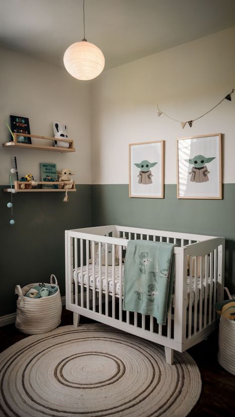 Star Wars-themed nursery featuring Baby Yoda decor, green and white accents, and cozy furniture. Baby Yoda Nursery, Yoda Decorations, Star Wars Baby Room, Baby Boy Nursery Ideas, Boy Nursery Ideas, Nursery Idea, Star Wars Nursery, Nursery Trends, Star Wars Room