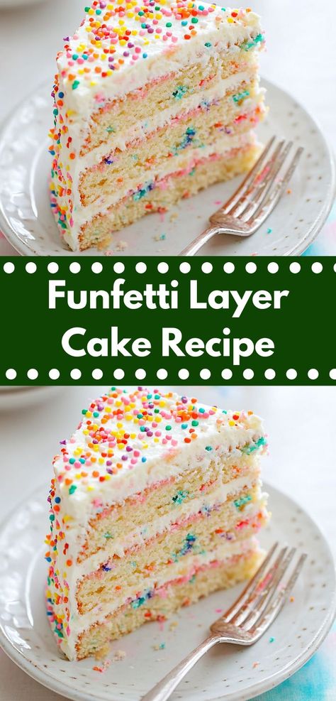 Craving something sweet and festive? Our Funfetti Layer Cake Recipe combines moist layers with a rich frosting, making it an irresistible treat. It's a family-friendly dessert that brings joy to any celebration, big or small. Funfetti Layer Cake, Confetti Cake Recipes, Unique Recipes Desserts, Layer Cake Filling, Colorful Desserts, Layer Cake Recipes, Homemade Birthday Cakes, Confetti Cake, Layered Desserts