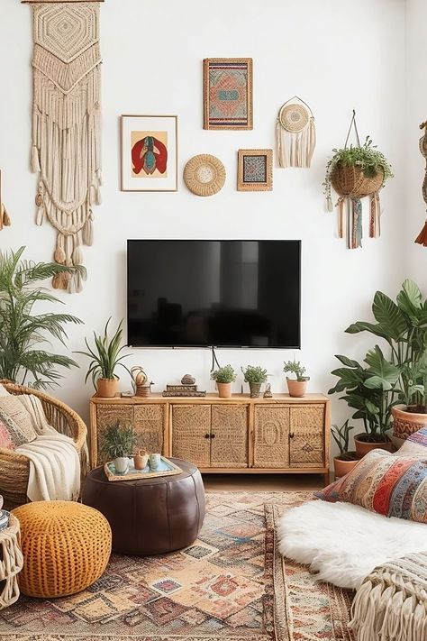 Boho stylish living room with a TV mounted on the wall. The TV is surrounded by a carefully curated gallery wall consisting of various boho-inspired art prints, macrame wall hangings, and decorative elements. The image showcases the cohesive arrangement of the gallery wall around the TV, highlighting the boho aesthetic and cozy vibes it brings to the space. The colors and textures in the image reflect the eclectic nature of bohemian style, creating an inviting and visually appealing atmosphere. Boho Tv Wall Decor, Hanging Tv Ideas, Wall Decor Over Tv, Macrame Wall Decor Living Room, Hanging Tv Ideas Living Room, Macrame Living Room Decor, Decor Around Tv On Wall, Macrame Living Room, Chic Gallery Wall