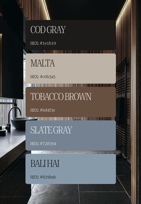 House Decor Color Palettes, Gray Black Brown Color Palette, Restoration Hardware Color Palette, Industrial Pallet Color, Bohemian Chic Color Palette, Cozy Interior Color Palette, Color Palette For Salon, Stainless Steel Color Palette, Black Wood Color Palette