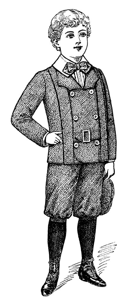 1900 Very manly is this small laddie. He is stylishly clad in a Norfolk jacket and knickerbockers which bulge in true golfer fashion at the knees. Norfolk Jacket, Victorian Boy, Boys Summer Fashion, Vintage Clip Art, Art Outfits, Old Design, Comfortable Outfit, Fashion 1950s, Small Boy