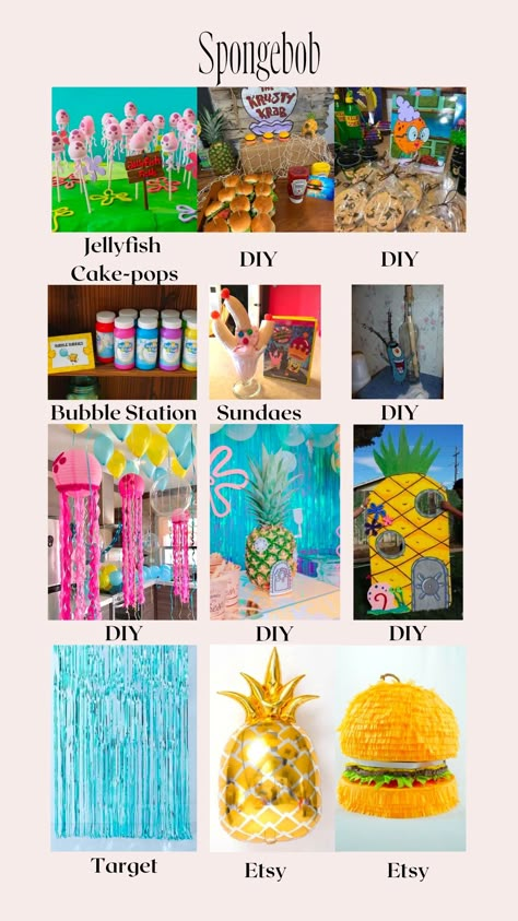 Spongebob Party Inspo// Decor from Etsy, DIY, & Target! #partyinspo #kidsparty #kidspartyinspo #spongebob #spongebobparty Themed 25th Birthday Party Ideas, Spongebob Birthday Party Sweet 16, Spongebob Dinner Ideas, Spongebob Themed Wedding, 25 Year Old Spongebob Birthday, Spongebob Luau Party Birthday, Spongebob Diy Party Decorations, Spongebob Birthday Party 25 Diy, Spongebob Birthday Party For Adults