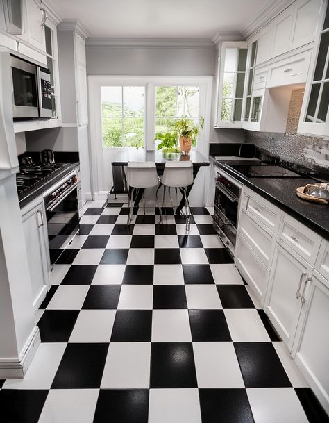 Checkerboard Flooring Black And White Floor Kitchen, Black And White Checkered Kitchen, Black And White Kitchen Floor, Checkerboard Kitchen, Kitchen Styling Countertops, Colorful Eclectic Kitchen, Black And White Kitchen Ideas, Office Bedroom Ideas, Checkered Kitchen