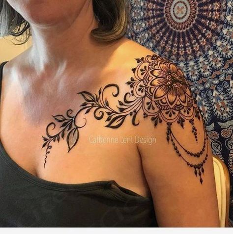 Henna Chest, Shoulder Cap Tattoo, Tattoos To Cover Scars, Chest Tattoos For Women, Tattoo Ideas For Women, Lace Tattoo, Shoulder Tattoos For Women, Top Tattoos, Arm Tattoos For Women