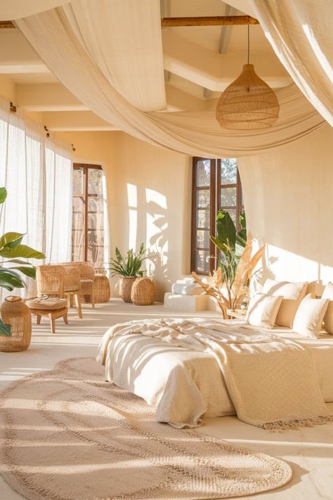 Create a tranquil retreat by incorporating natural light, earthy tones, and woven textures. This stunning bedroom design invites relaxation and peace, perfect for anyone looking to enhance serenity and comfort in their home. Embrace the warmth and elegance of simple decor elements to create a calming oasis. . BedroomDecor #HomeDesign #InteriorStyling #CozySpaces #NaturalLight #ModernAesthetic Pale Yellow Bedroom Aesthetic, Mediterranean Room Bedrooms, Simple Calm Bedroom, Mediterranean House Bedroom, Pale Yellow Bedrooms, Serenity Bedroom, Mediterranean Bedroom Ideas, Mediterranean Room, Mediterranean Bedroom