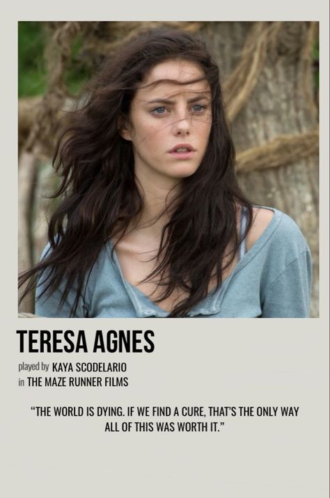 minimal polaroid character poster for teresa agnes from the maze runner films Teresa Agnes, Polaroid Movie Poster, Maze Runner Characters, Movie Character Posters, Evil Children, Character Poster, Maze Runner Cast, Most Paused Movie Scenes, Maze Runner Movie