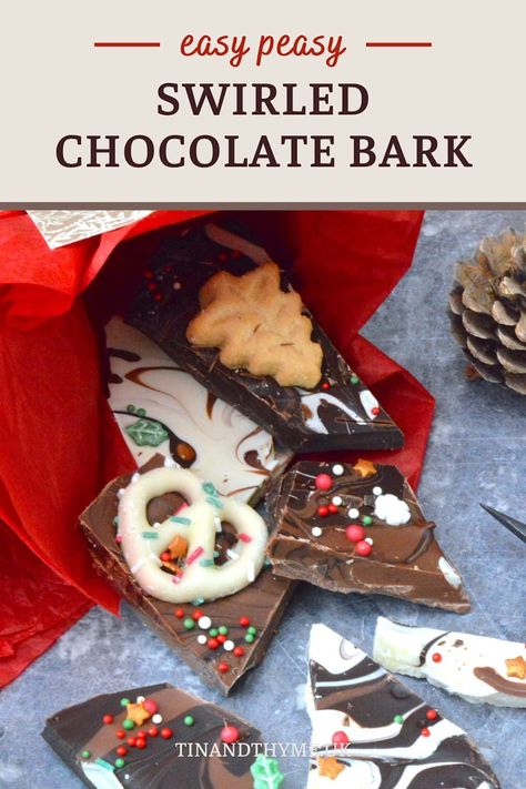 Get into festive mode with this swirled chocolate bark. This easy peasy recipe involves melting the chocolate in an oven rather than creating heaps of washing up with pans and bowls. No fuss, no mess. Perfect for Christmas gifts, parties, a delightful after-dinner dessert or a treat the whole family can enjoy.  #ChocolateBark #HomemadeGifts #ChristmasChocolate Chocolate Bark Recipes Easy, Christmas Chocolate Bark Recipes, Bark Recipes Easy, Homemade Chocolate Bark, Chocolate Bark Christmas, Christmas Bark Recipes, Vegetarian Christmas Recipes, Christmas Bark, Chocolate Bark Recipe