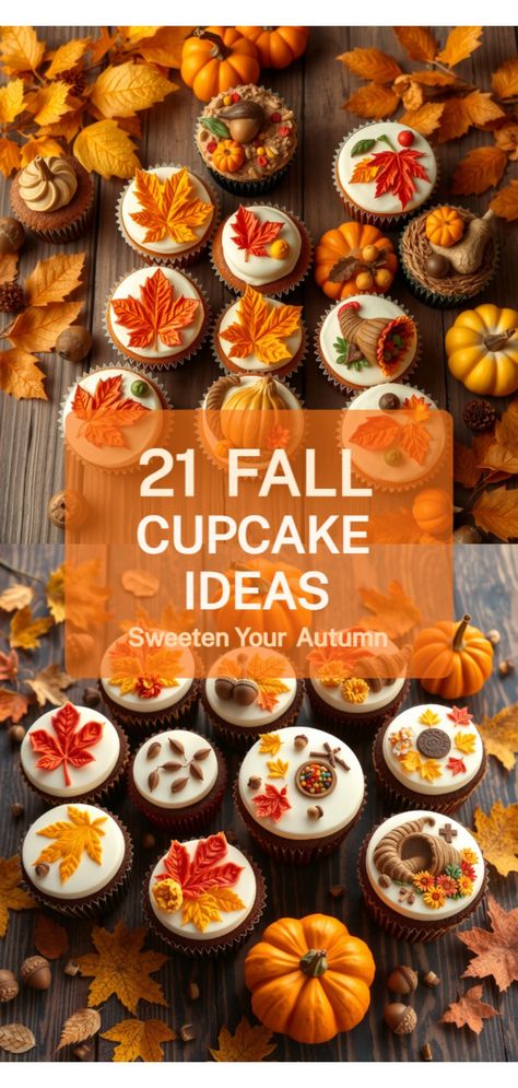 fall cupcake decoration ideas Fall Flower Cupcakes, Fall Cupcake Decorating Ideas, Fall Cupcake Ideas, Fall Themed Cupcakes, Thanksgiving Cupcakes Decoration, Pumpkin Toppers, Thanksgiving Cupcake Ideas, Fall Cupcakes Decoration, Pear Cupcakes