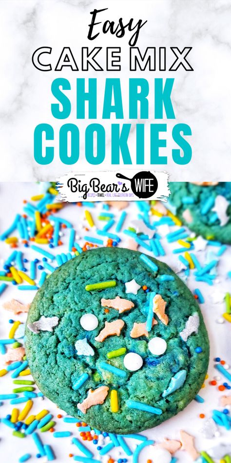 Shark Cookies Cake Mix Style - Shark Obsessed? Love ocean life? These Shark Cookies are for you! Blue and Ocean Green Marbled and topped with Shark sprinkles for the perfect Shark Cookies Cake Mix Style! Week Snacks, Quick Summer Desserts, Obsessed Love, Ocean Cake, Southern Recipes Desserts, Cookie Recipes For Kids, Shark Cookies, Ocean Cakes, Slow Cooker Recipes Dessert