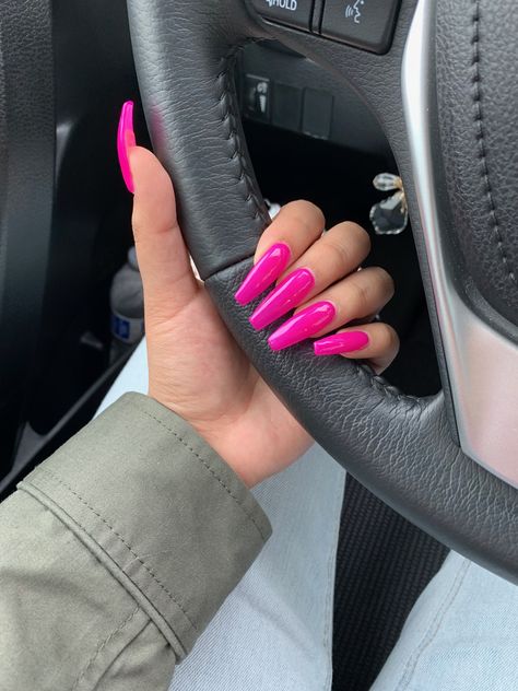 Long Hot Pink Acrylic Nails Art Designs, Hot Pink Nails Square Long, Hot Pink Long Nails, Bright Pink Coffin Acrylic Nails, Nails Fucsia Hot Pink, Neon Pink Long Nails, Dark Pink Nails, Quick Dry Nail Polish, Plum Nails