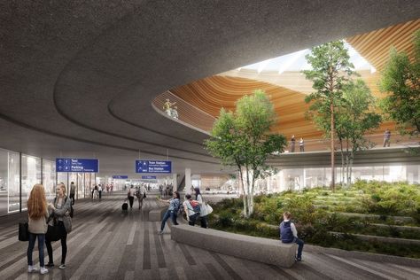 Helsinki Airport to Be Transformed with Undulating Roof and Public Landscape | ArchDaily Airport Landscape Design, Undulating Roof, Elevation Render, Modern Airport, Landscape Rendering, Helsinki Airport, Landscape Architecture Diagram, Athens Airport, Urban Design Concept