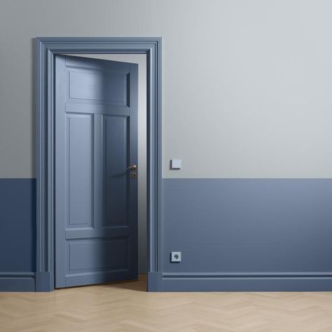 Colored Doors Interior, Wood Door Paint, Blue Painted Door, Blue Interior Doors, Interior Door Colors, Wood Primer, Room Color Combination, Wall Color Combination, Door Paint Colors