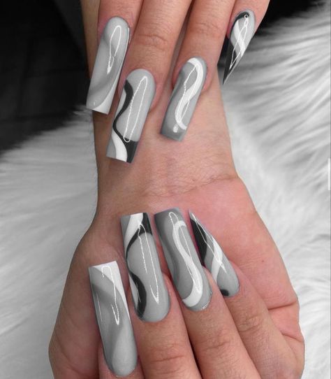 Gray And Black Nails Ideas, Gray Nail Inspo Acrylic, Black White And Gray Nails, Gray And Black Nail Designs, Grey Black And White Nails, Grey Blue Nails Designs, Nails Gray And White, Black Grey And White Nails, Black White And Grey Nails