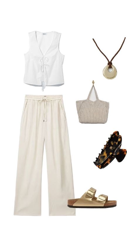 Beige linen pants white top with bows brown hair clip striped bag and necklace outfit Beige Linen Pants Outfit, Linen Pants White, Beige Linen Pants, Linen Pants Outfit, Striped Bag, Beach Fit, Necklace Outfit, Beach Fits, Striped Bags