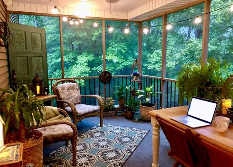 Tiny House Screened In Porch, In Closed Porch Ideas, Vintage Screened In Porch, Screened In Porch Renovation, Screened In Porch Reading Nook, Screened In Porch Aesthetic, Porch Office Ideas, Eclectic Screened In Porch, Screened In Porch Boho