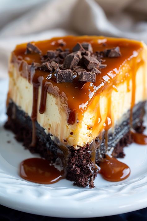 Caramel Brownie Cheesecake, Brownie Cheesecake Recipe, Magical Food, Brownie Cheesecake, Fudgy Brownie, Caramel Desserts, Vanilla Cheesecake, Relish Recipes, Classic Cheesecake