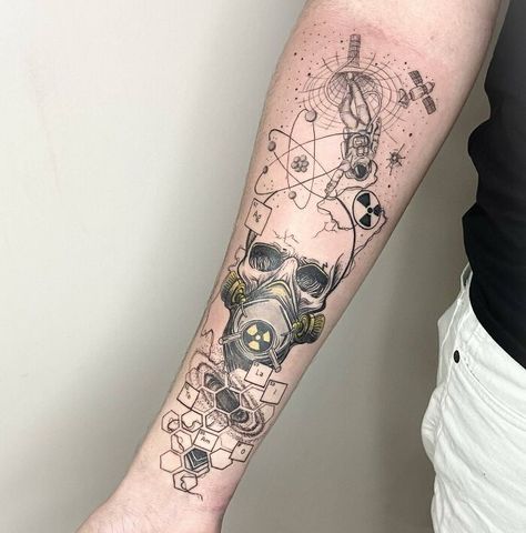 Science Arm Tattoo Science Fiction Tattoo Ideas, Forensic Science Tattoo Ideas, Cool Science Tattoos, Science Themed Tattoos, Earth Science Tattoo, Nuclear Tattoo Design, Medical Sleeve Tattoo, Neurotransmitter Tattoo, Laboratory Tattoo Ideas