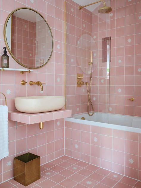 5 Tile Ideas We're Stealing from the Founder of Bert & May's Home Bert And May Tiles, Star Tile, Sophisticated Bathroom, 1950s House, Pink Tiles, Bathroom Shower Tile, Bathroom Trends, Pink Bathroom, Small Rose