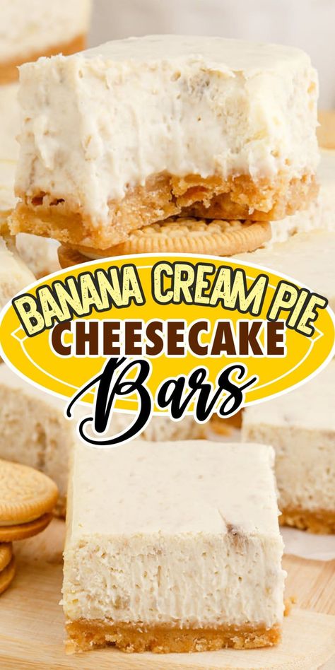 Banana Cream Pie Cheesecake Bars are the best combination of a classic cream pie fused with a cream cheesecake filling, and baked into a delicious dessert bar. This easy recipe takes only 5 minutes to prepare by making a crunchy no-cook Oreo crust that sits below a creamy banana cheesecake mixture. Banana Cheesecake Bars, Oatmeal Cream Pie Cheesecake, Banana Cream Pie Cheesecake, Banana Cream Cheesecake Bars, Banana Cream Cheesecake, Banana Pudding Cheesecake, Cream Cheese Bars, Banana Cheesecake, Fluff Desserts