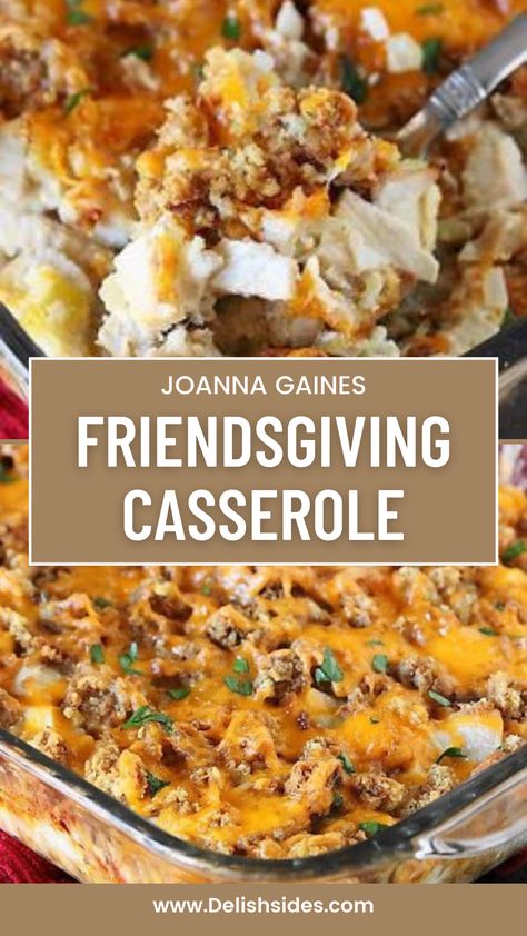 The pin showcases an appetizing image of Joanna Gaines' Friendsgiving Casserole, capturing the beautiful layers of seasonal ingredients, herbs, and spices. The pin description highlights the unique twist this casserole brings to traditional Thanksgiving fare and emphasizes its suitability for Friendsgiving celebrations. Magnolia Friendsgiving Casserole, Joanna Gaines Thanksgiving Casserole, The Food Network Recipes, Thanksgiving Potluck Main Dish, Joanna Gaines Friendsgiving Casserole, Joanna Gaines Thanksgiving Recipes, Friendsgiving Casserole Joanna Gaines, Thanksgiving Unique Recipes, Thanksgiving With A Twist