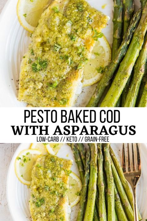 Pesto Fish Recipes, Cod And Asparagus, Pesto Fish, Cod Recipes Healthy, Asparagus Recipes Oven, Baked Cod Recipes, Cod Fish Recipes, Fish Recipes Baked, Baked Asparagus