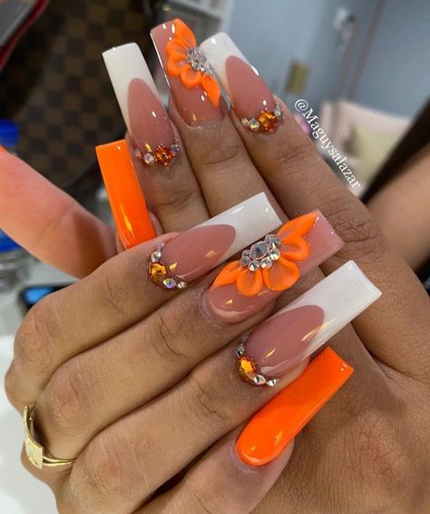 Orange Acrylic Nails, Quartz Nails, Fancy Nails Designs, Drip Nails, Nails Design With Rhinestones, Long Acrylic Nails Coffin, Acrylic Nails Coffin Pink, Unique Acrylic Nails, Short Acrylic Nails Designs