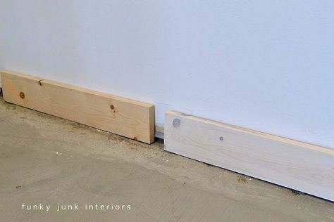 Learn how to build easy baseboards using stock lumber! No fancy miter cuts needed! An easy way to achieve a modern farmhouse look. Diy Baseboards, Tools Photography, Pipe Curtain Rods, Baseboard Styles, Sheet Curtains, Baseboard Trim, Narrow Hallway Decorating, Board And Batten Wall, Funky Junk Interiors