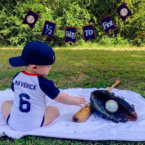 Half Way To First, 6 Month Baby Picture Ideas Boy, 6 Month Pictures, Half Birthday Baby, Baby Boy Baseball, 6 Month Baby Picture Ideas, 2nd Birthday Photos, Baby Milestones Pictures, 2nd Birthday Boys