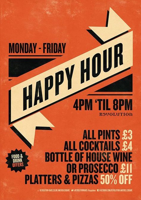 Happy Hour Graphic Design Poster for Revolution Bars by www.diagramdesign.co.uk Event Posters Graphic Design, Happy Hour Poster, Happy Hour Menu, Promo Flyer, Restaurant Poster, Event Posters, Vintage Computer, Bar Poster, Event Poster Design