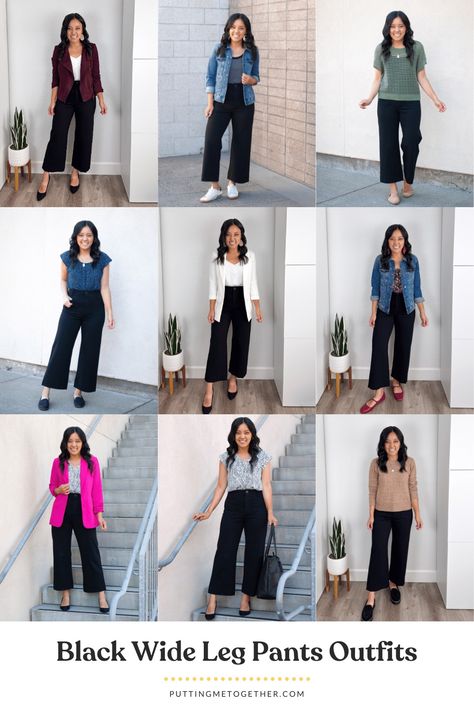 Here are 8 outfits with black wide leg pants that you can copy! These pants are soooo comfy and dress up and down effortlessly, too! Pants Collage, Outfit Petite Women, Black Wide Leg Trousers Outfit, Black Trouser Outfit, Black Wide Leg Pants Outfit, 10 Piece Capsule Wardrobe, Black Pants Outfits, Clean Wardrobe, Nursing Friendly Outfits