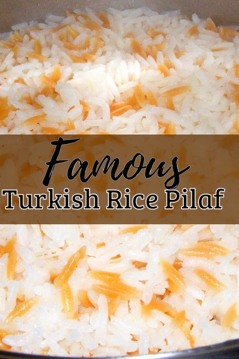 Cooked Turkish rice pilaf in the pan. Grains of rice and orzo are visible. Turkish Mezze Recipes, Turkish Pilaf Rice Recipe, Turkish Rice Pilaf, Turkish Rice Recipe, Turkish Recipes Traditional, Turkish Pilaf, Jordanian Recipes, Rice Pilaf With Orzo, Turkish Dinner