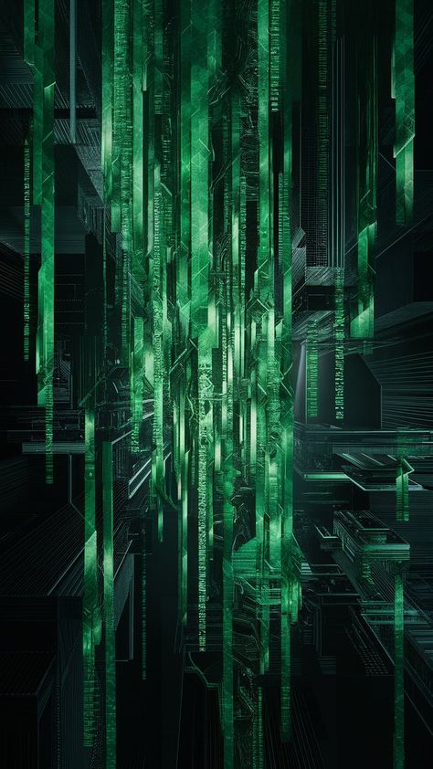 Immerse yourself in a mesmerizing digital wallpaper filled with cascading green glyphs and intricate geometric patterns, reminiscent of a futuristic city. Experience the dynamic interplay of light and shadow, blending Art Nouveau fluidity with Bauhaus structure. Rich blacks and emeralds evoke depth, while subtle glitch art adds an edgy touch. Discover endless digital mystique and possibilities. #MatrixWallpaper #DigitalArt #GlitchArt #FuturisticDesign Glitch In The Matrix Art, Matrix Code, Glitch In The Matrix, Code Wallpaper, Futuristic City, Glitch Art, Futuristic Design, Digital Wallpaper, Anime Artwork