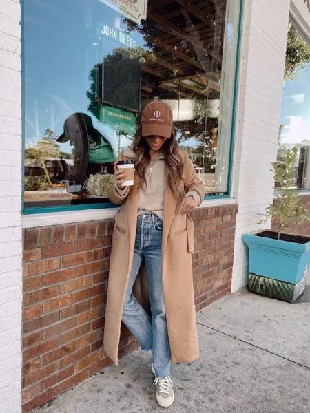 Long Coat Sneakers Outfit, Camel Long Coat Outfit, Camel Wool Coat Outfit, Long Camel Coat Outfits, Pea Coat Outfits, Sneakers Wardrobe, Long Wool Coat Outfit, Quarter Zip Sweater Outfit, Camel Jacket Outfit