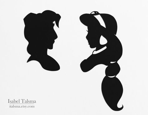 Disney Princess silhouettes Aladdin and Jasmine Disney Characters Silhouettes, Silhouettes Disney, Disney Inspired Nursery, Disney Princess Silhouette, Silhouette Disney, Deco Disney, Disney Silhouette, Disney Silhouettes, Disney Princess Jasmine