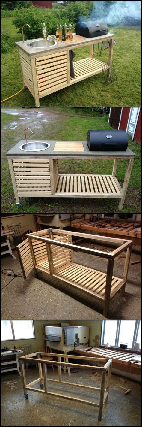 Cocina finca Portable Kitchen, Pallet Ideas, Backyard Projects, Backyard Bbq, Outdoor Kitchen Design, Outdoor Grill, Diy Backyard, Outdoor Projects, Backyard Patio