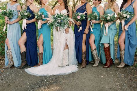 Wedding Cowboy Boots For Bridesmaids, Barn Wedding Bridesmaid Dresses Cowboy Boots, Dusty Blue Bridesmaid Dresses With Cowboy Boots, Turquoise Bridesmaid Dresses Western, Wedding Cowgirl Boots Bridesmaids, Bridesmaids Cowboy Boots Long Dresses, Wedding Party Cowboy Boots, Western Maid Of Honor Dresses, Western Wedding Bridesmaids And Groomsmen