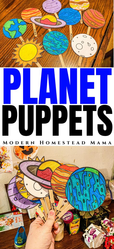 Planet Puppets Printable for Kids - Modern Homestead Mama Planet Craft For Preschool, Planet Activities For Preschool Solar System, Space Themed Kids Activities, Planet Activities For Kindergarten, Planet Crafts For Preschool, Astronomy Projects For Kids, Preschool Planet Crafts, Planet Crafts For Toddlers, Planet Activities For Toddlers